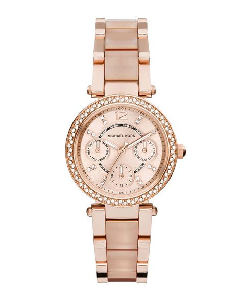 gold stainless steel michael kors letters repeated across rose face|michael kors rose gold tone.